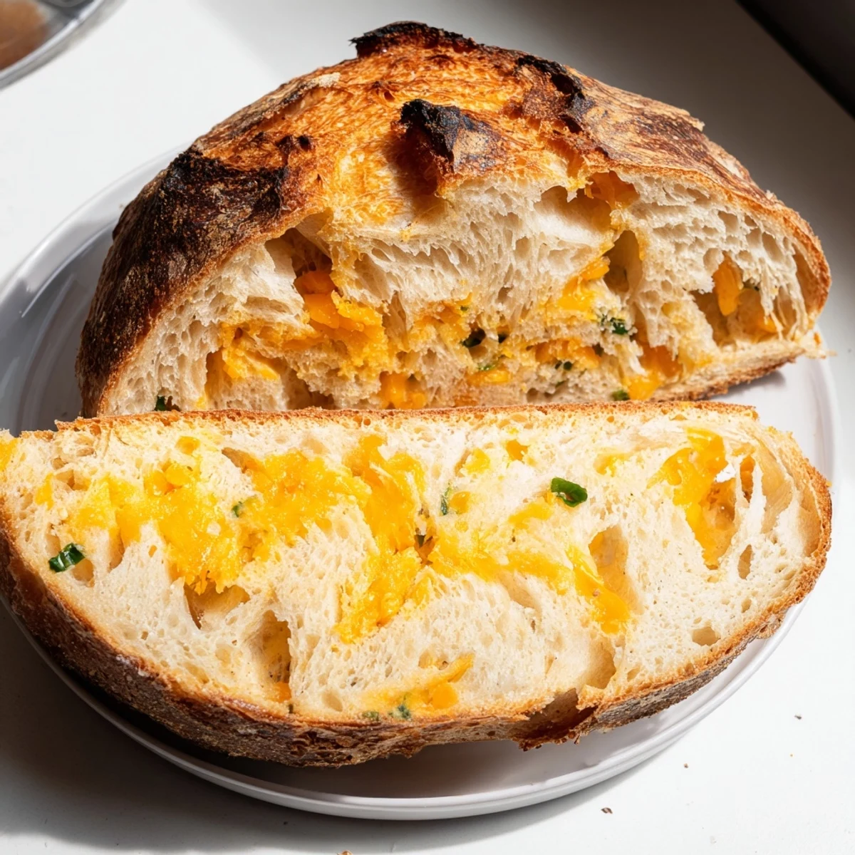 Golden crusty jalapeno cheddar sourdough bread loaf with visible cheese and pepper flecks