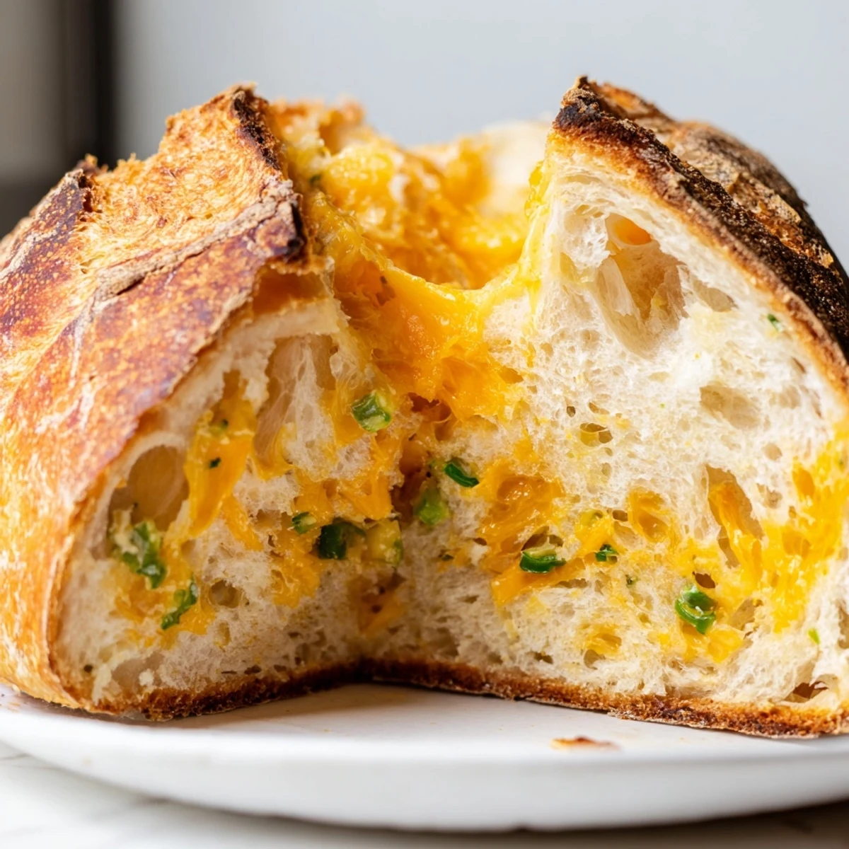Artisanal jalapeno cheddar sourdough bread with deep golden crust and spotted interior