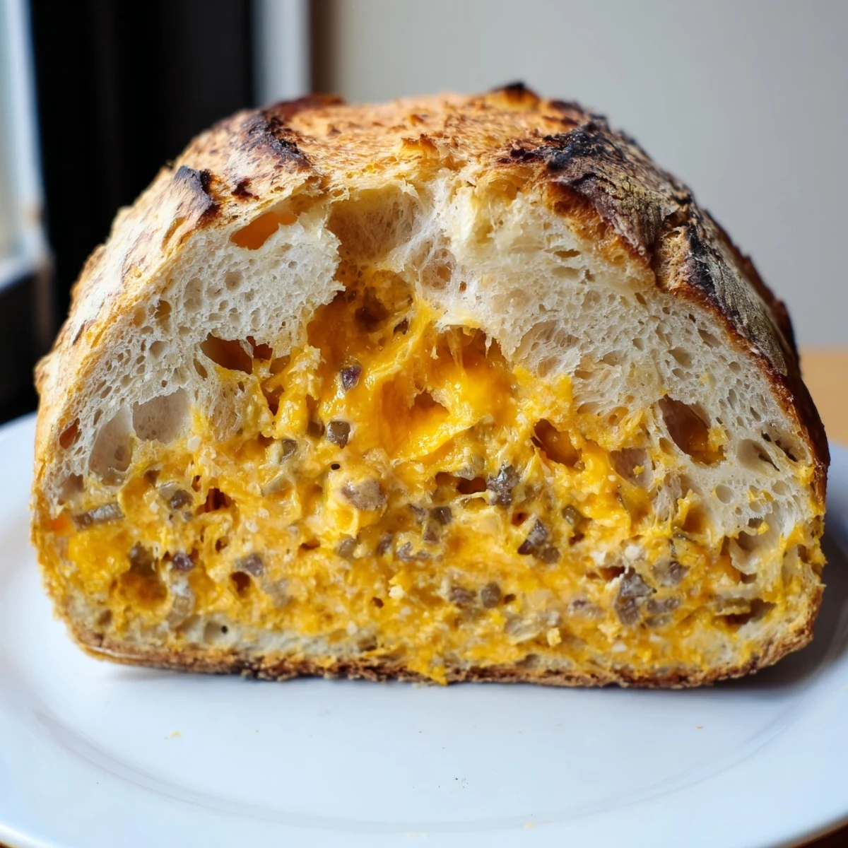 Sliced jalapeno cheddar sourdough bread revealing melted cheese pockets and spicy pepper pieces