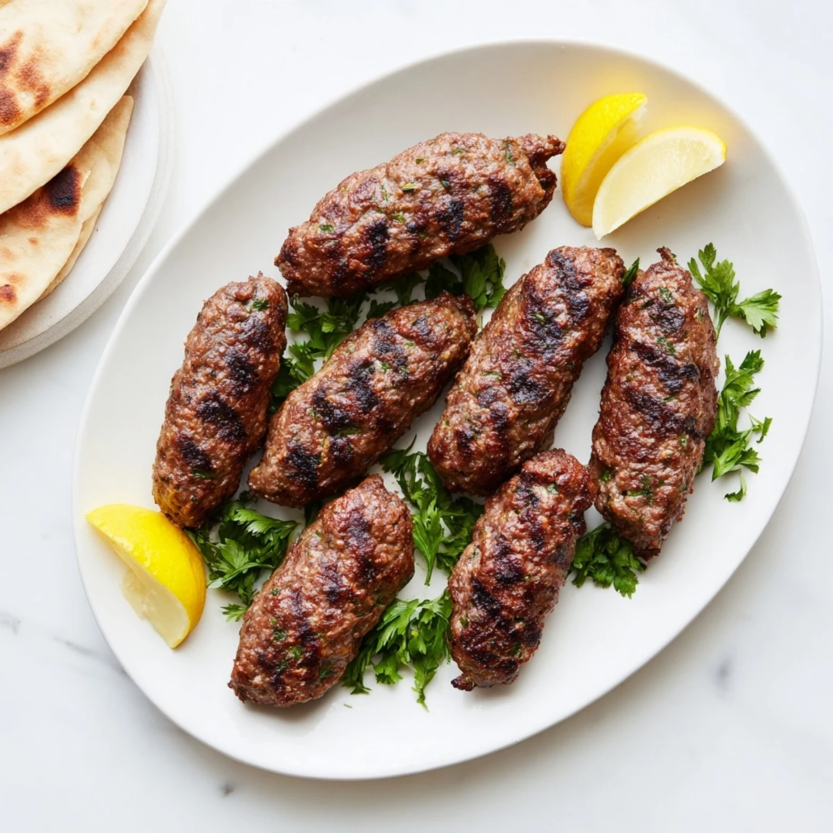 Golden brown grilled beef kofta kebabs on metal skewers garnished with fresh herbs and lemon wedges