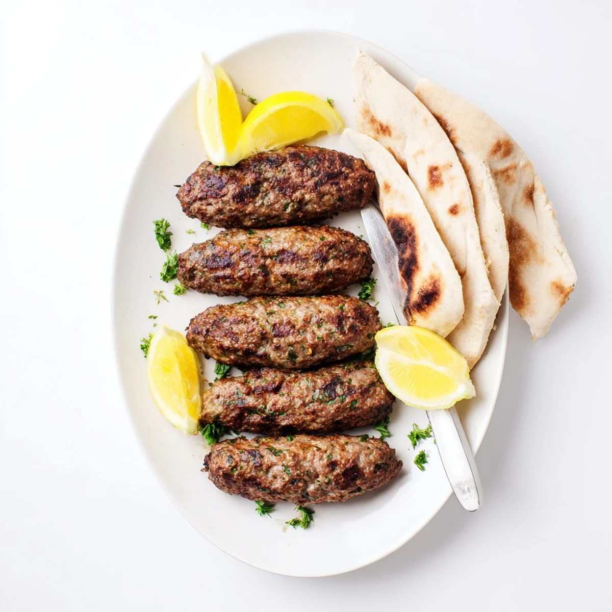 Juicy Middle Eastern beef kofta kebabs served alongside warm flatbread and sliced fresh vegetables