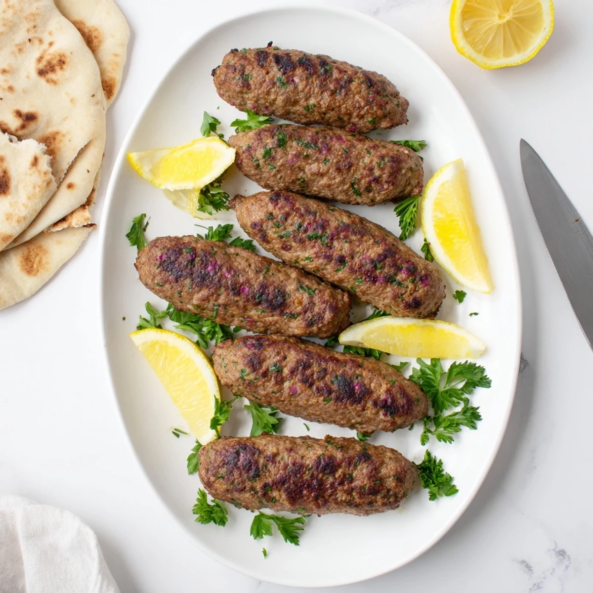 Perfectly charred spiced beef kofta kebabs arranged on a wooden platter with cucumber and tomato accents