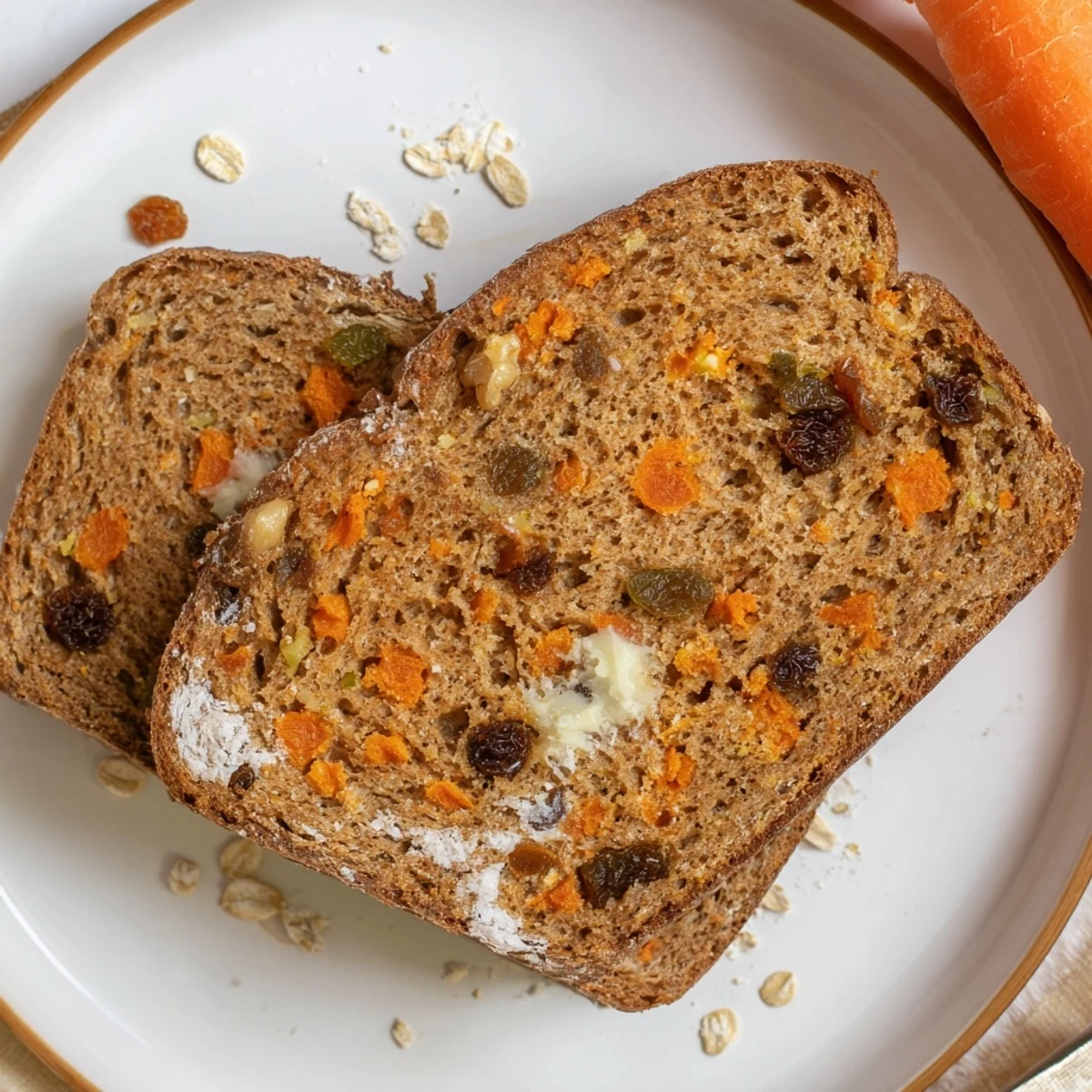 Sliced carrot cake sourdough bread revealing soft spiced interior with walnuts and raisins