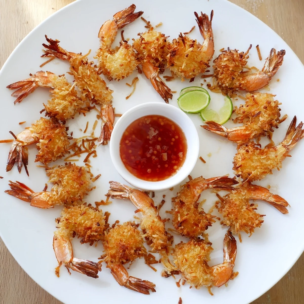 Golden fried coconut shrimp with crispy shredded coating served on white plate