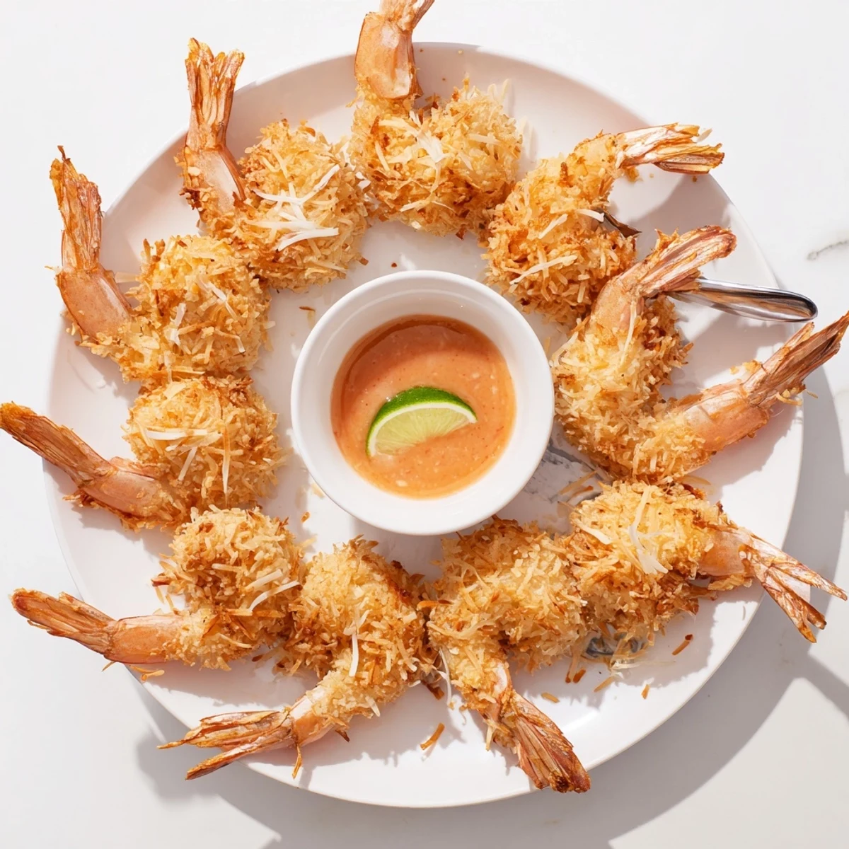 Tropical appetizer featuring coconut breaded shrimp drizzled with sweet chili lime dipping sauce