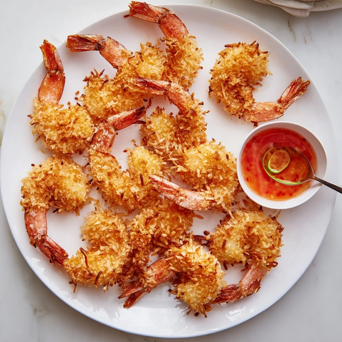 Crispy golden brown shrimp coated in toasted coconut flakes arranged on serving platter