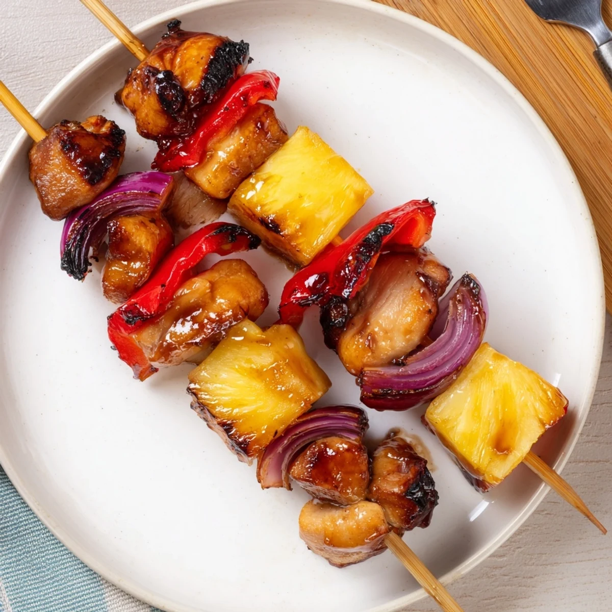 Grilled Hawaiian Turn Turn Chicken Kebabs glistening with charred pineapple and peppers