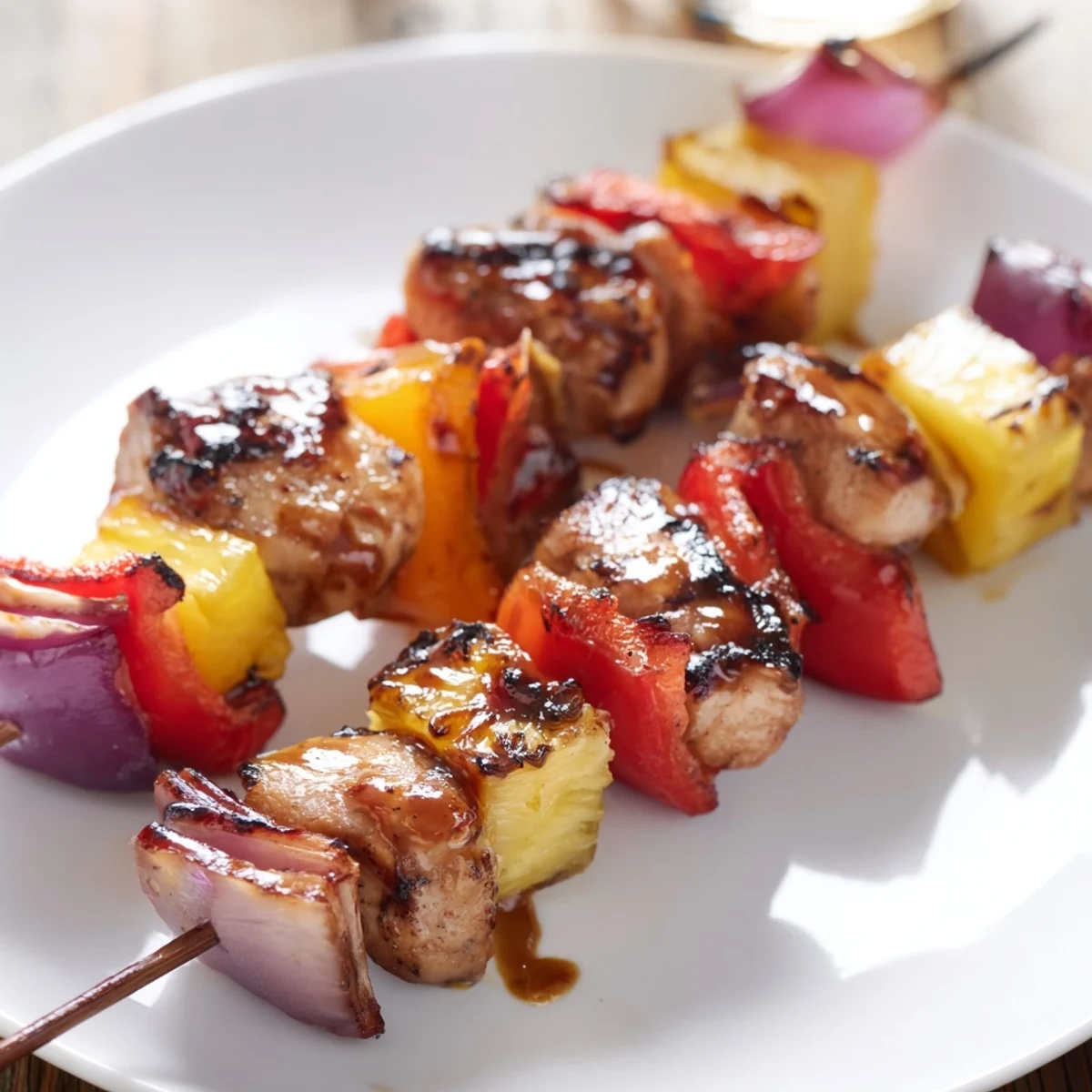 Skewered Hawaiian Turn Turn Chicken Kebabs resting on coconut rice, steam rising