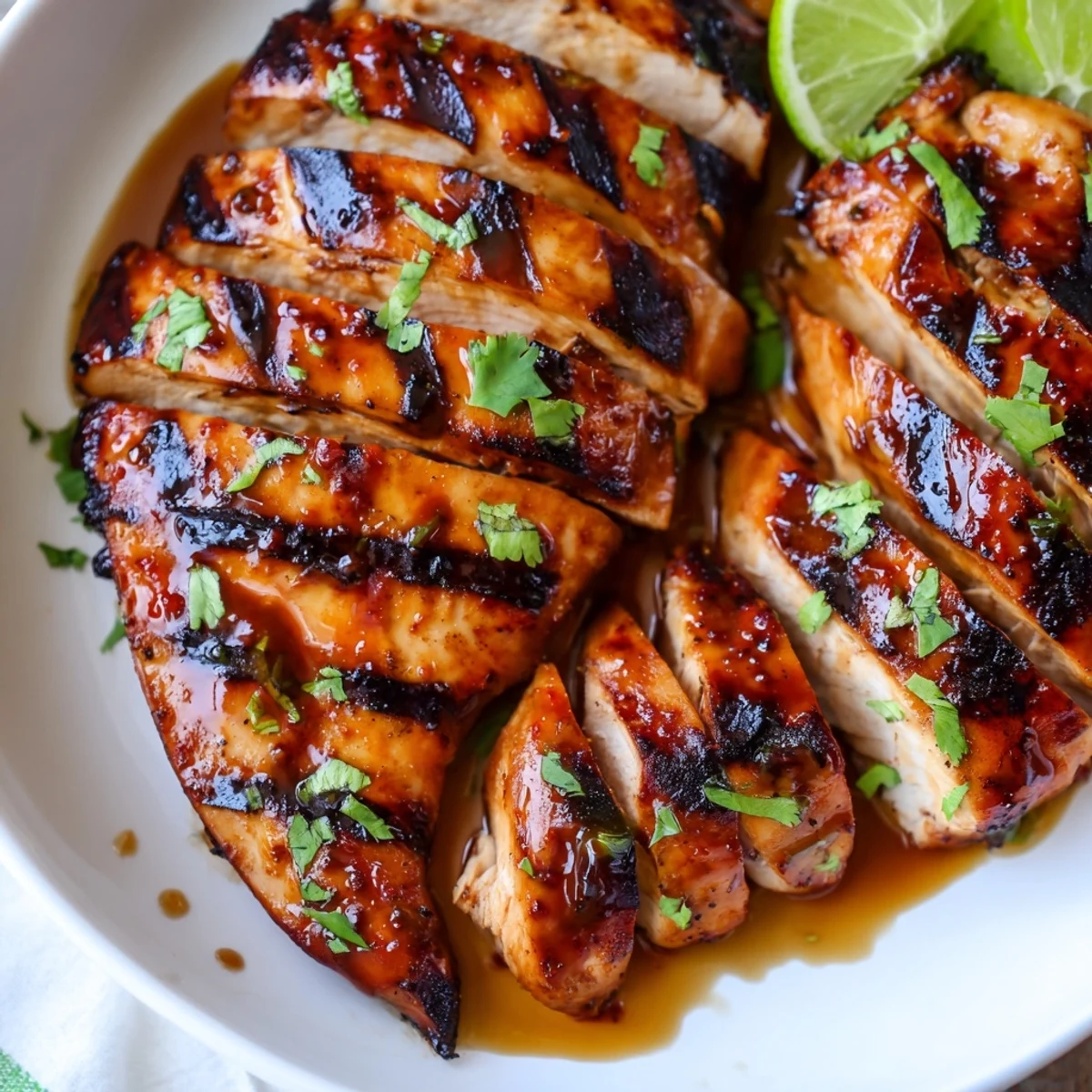 Juicy Grilled Spicy Honey Lime Chicken topped with cilantro and lime wedges