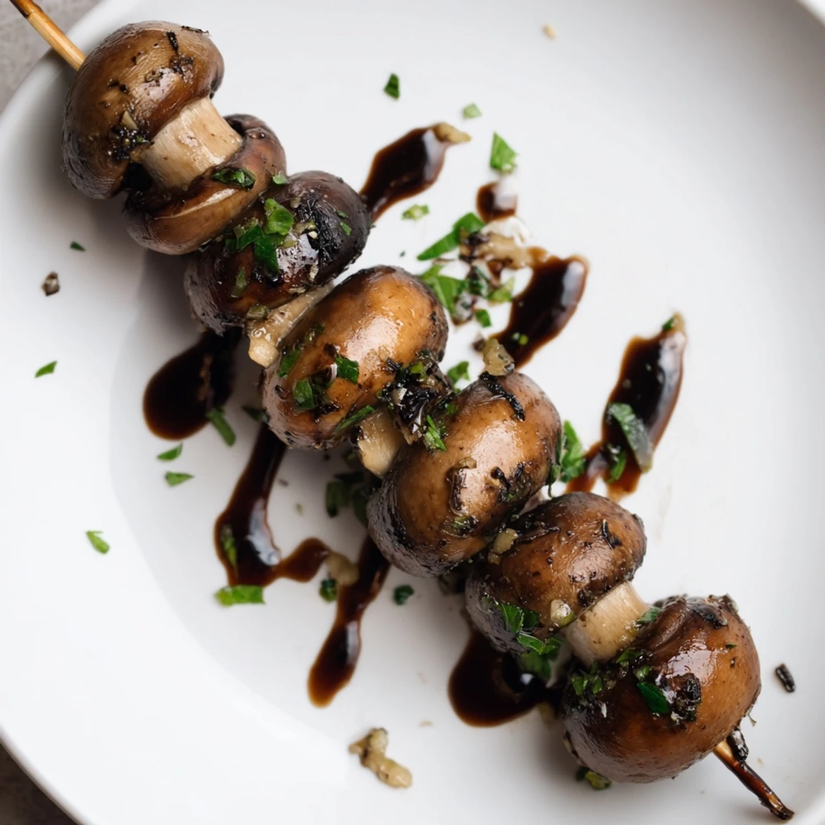 Balsamic Garlic Grilled Mushroom Skewers sizzling with char, glossy glaze drizzle