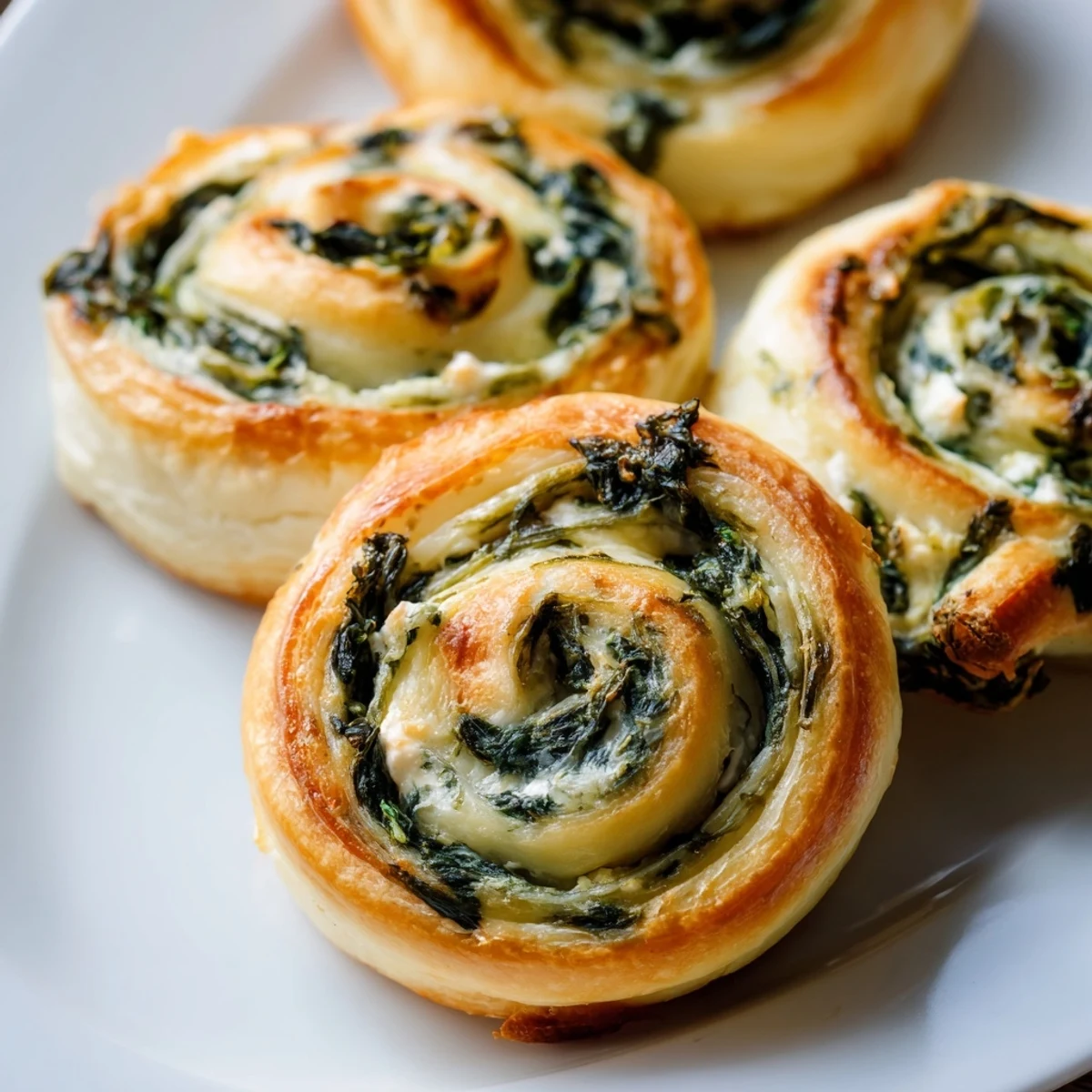 Golden gluten free spinach and feta pinwheels baked until flaky and served on a white platter
