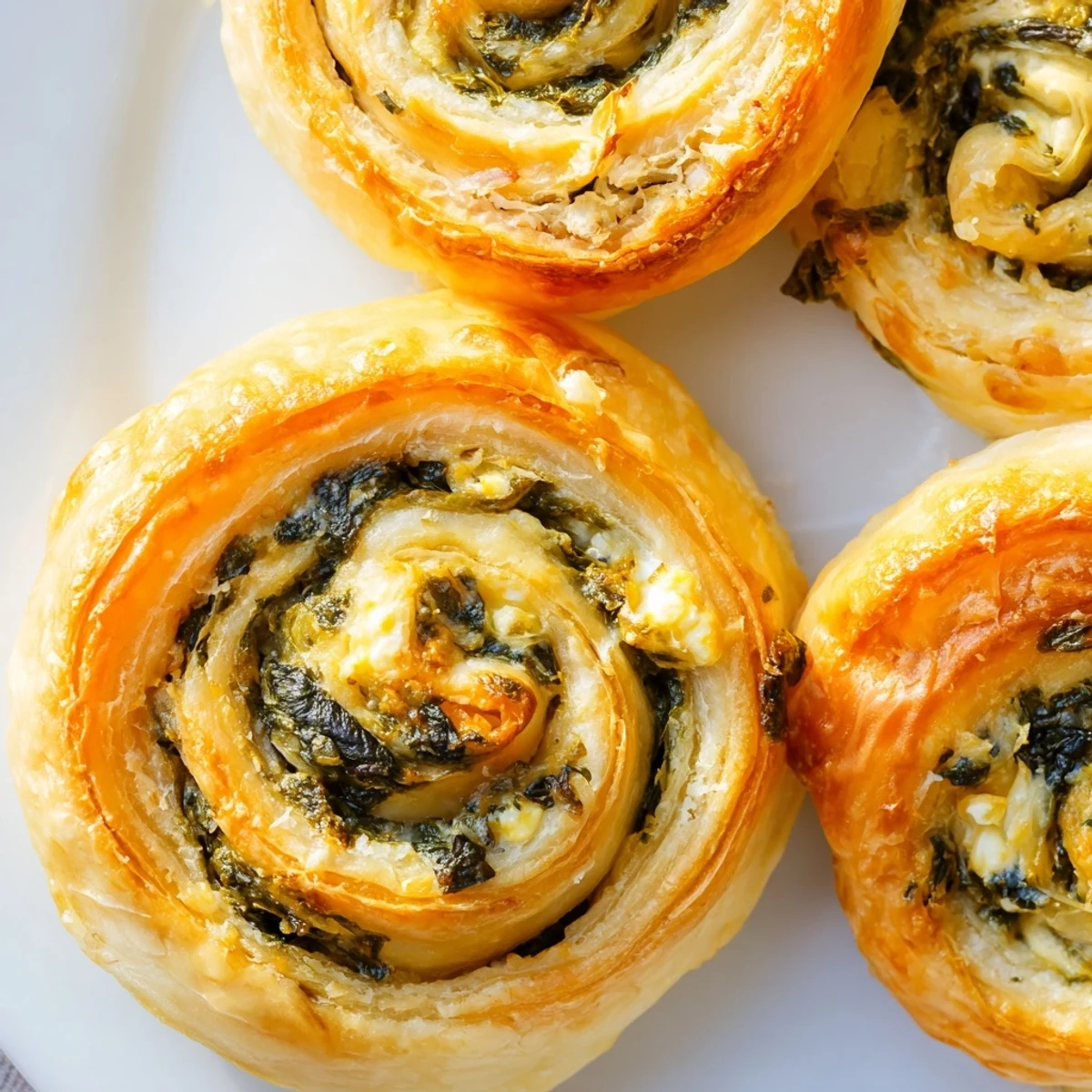 Warm gluten free spinach and feta pinwheels with green spinach visible throughout golden pastry layers
