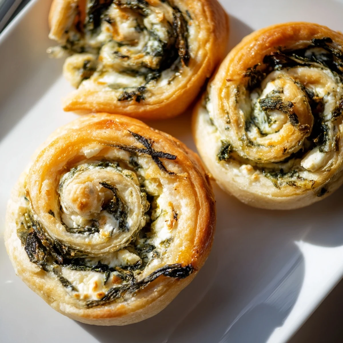 Savory gluten free spinach and feta pinwheels arranged on a wooden board with fresh herbs