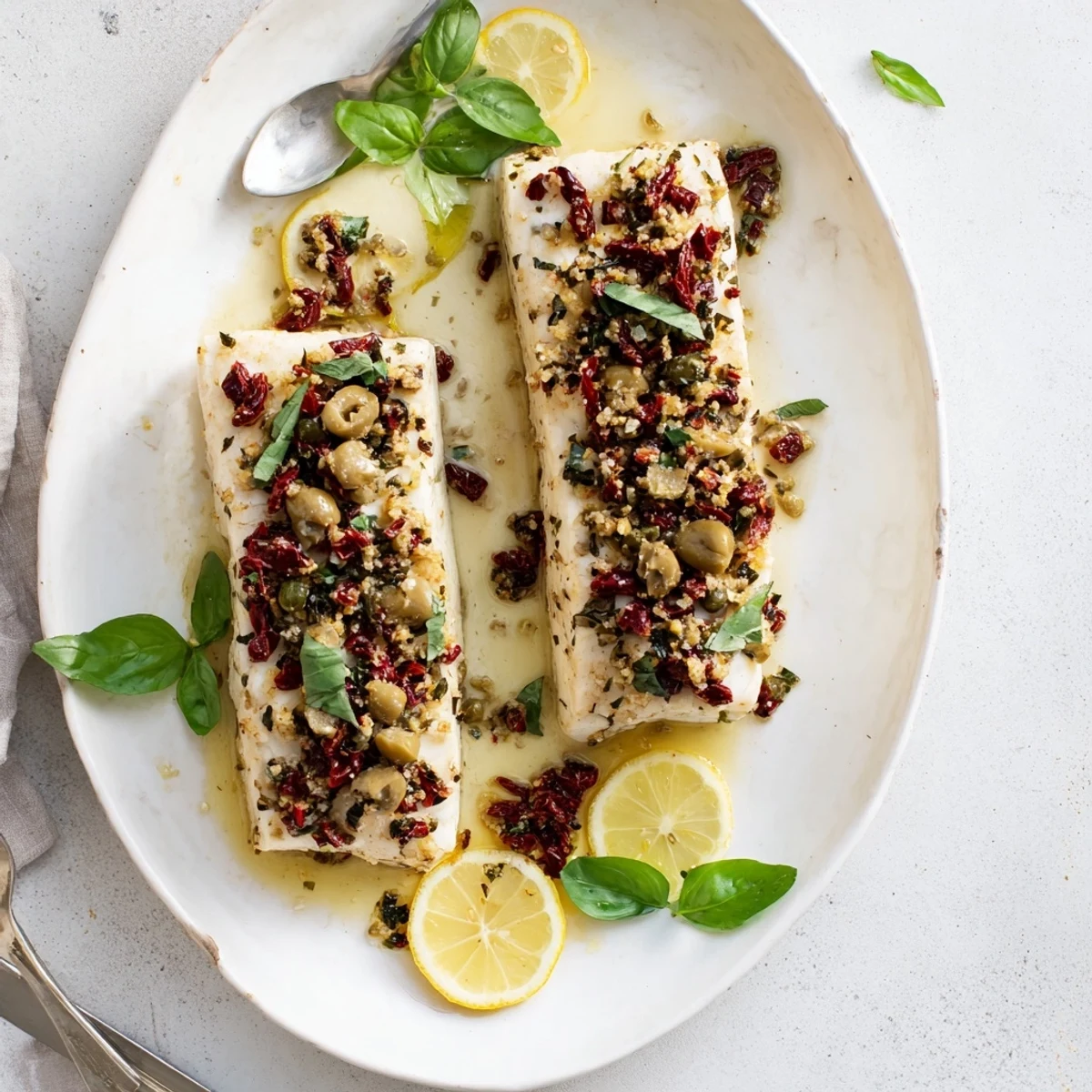 Mediterranean style sun dried tomato basil mahi mahi with fresh herb garnish
