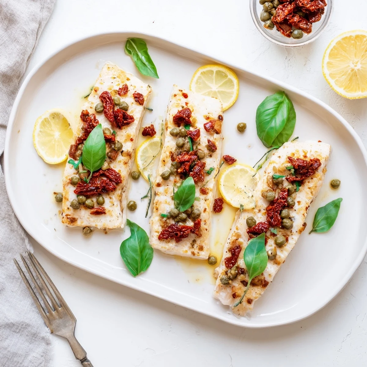Golden baked mahi mahi fillets topped with vibrant sun-dried tomato basil mixture