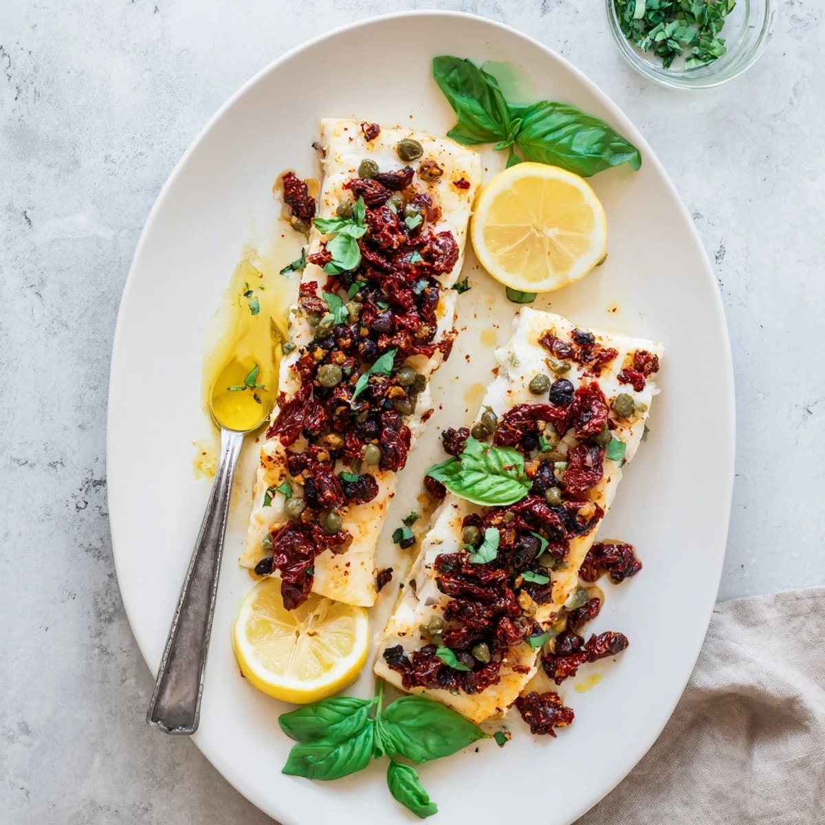 Oven roasted mahi mahi with chunky sun-dried tomato and basil relish topping
