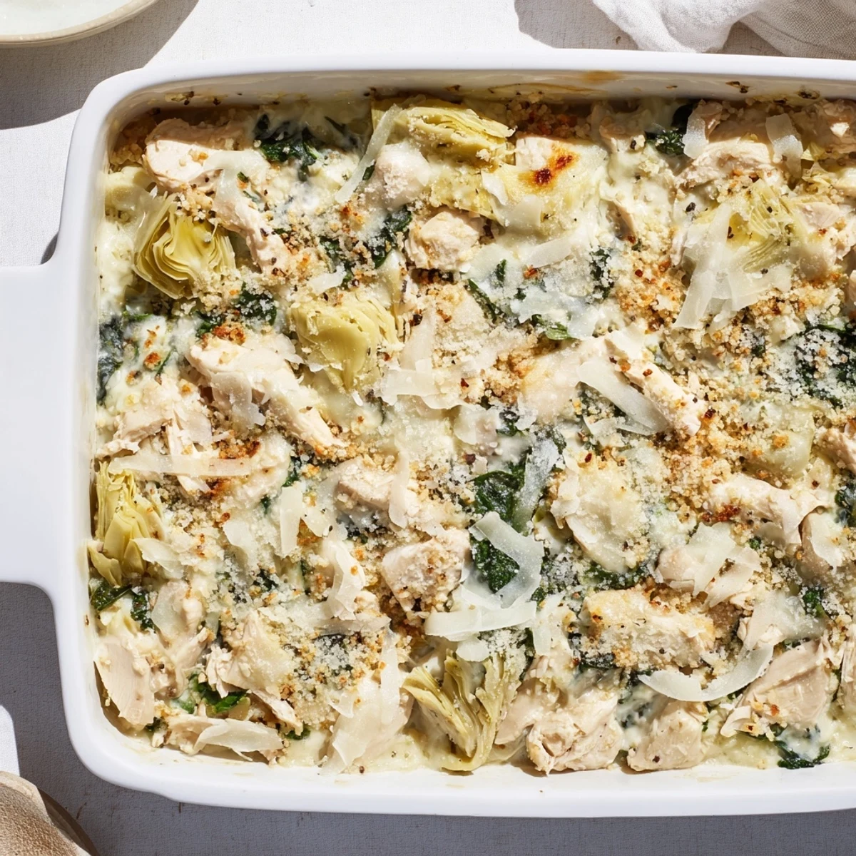 Creamy high protein spinach and artichoke chicken casserole fresh from the oven