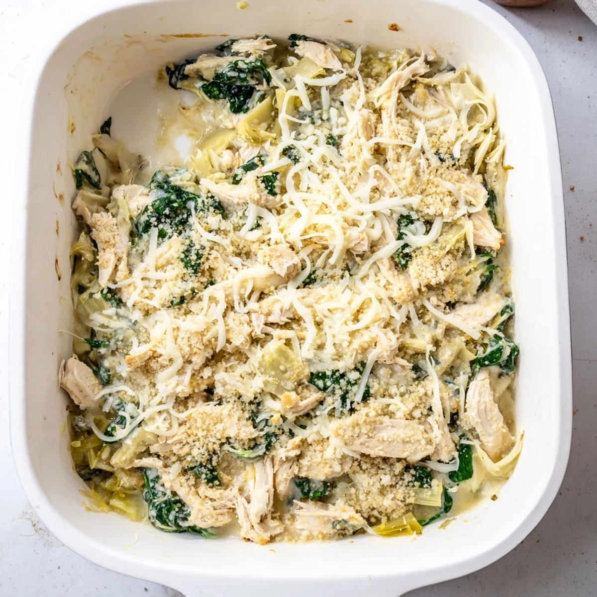 Golden-baked spinach and artichoke chicken casserole with melted mozzarella cheese topping