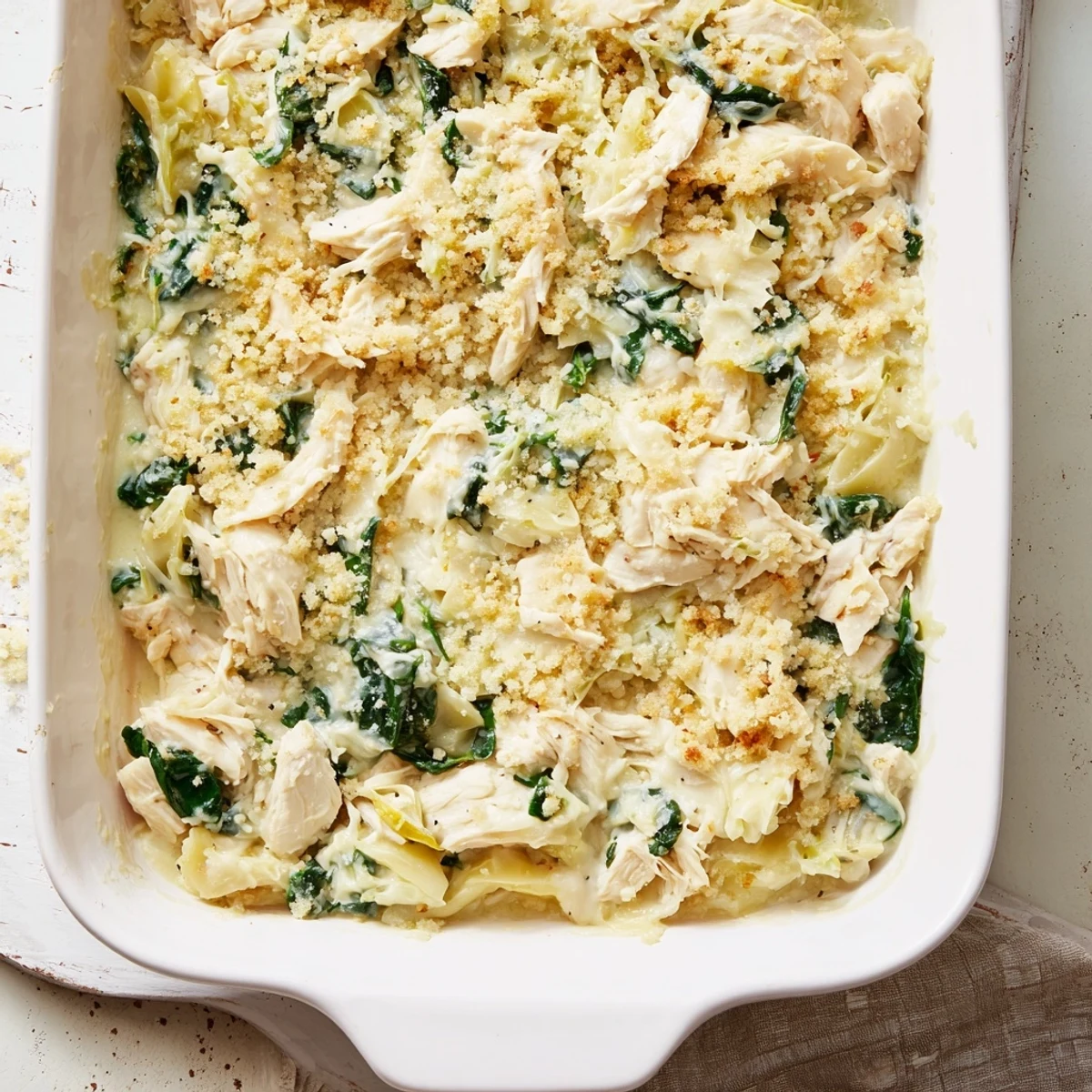 Bubbling spinach and artichoke chicken casserole served in a white baking dish