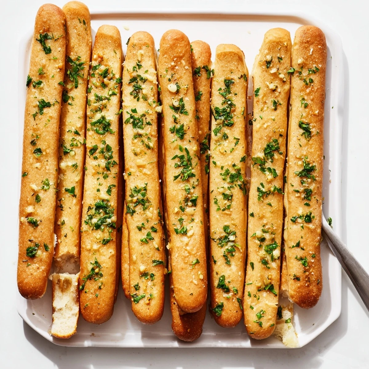 Golden homemade garlic breadsticks brushed with melted butter and fresh parsley on a baking sheet