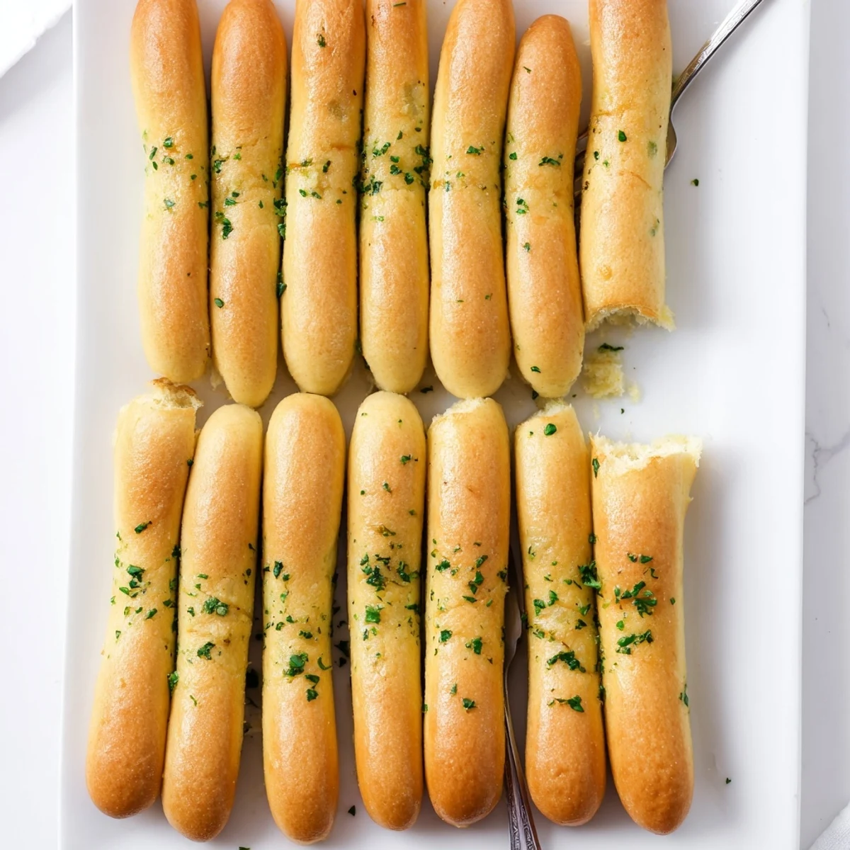 Freshly baked garlic breadsticks arranged on a wooden board with herbs scattered on top