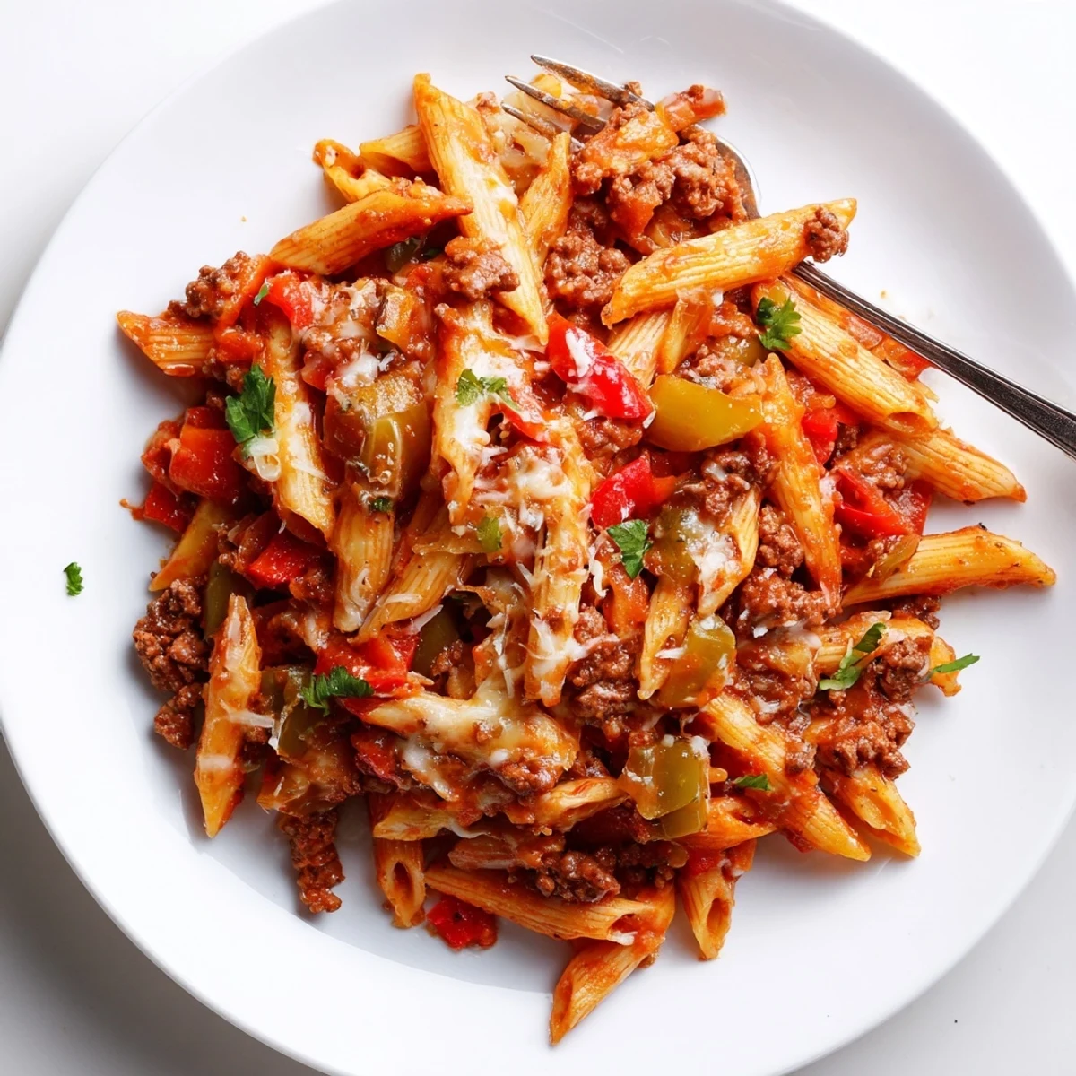 Hearty Cheesy Stuffed Pepper Skillet Pasta served hot with fresh basil garnish.