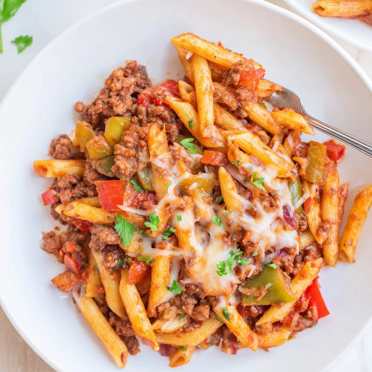 Cheesy Stuffed Pepper Skillet Pasta bubbling with melted mozzarella, vibrant peppers, steam.