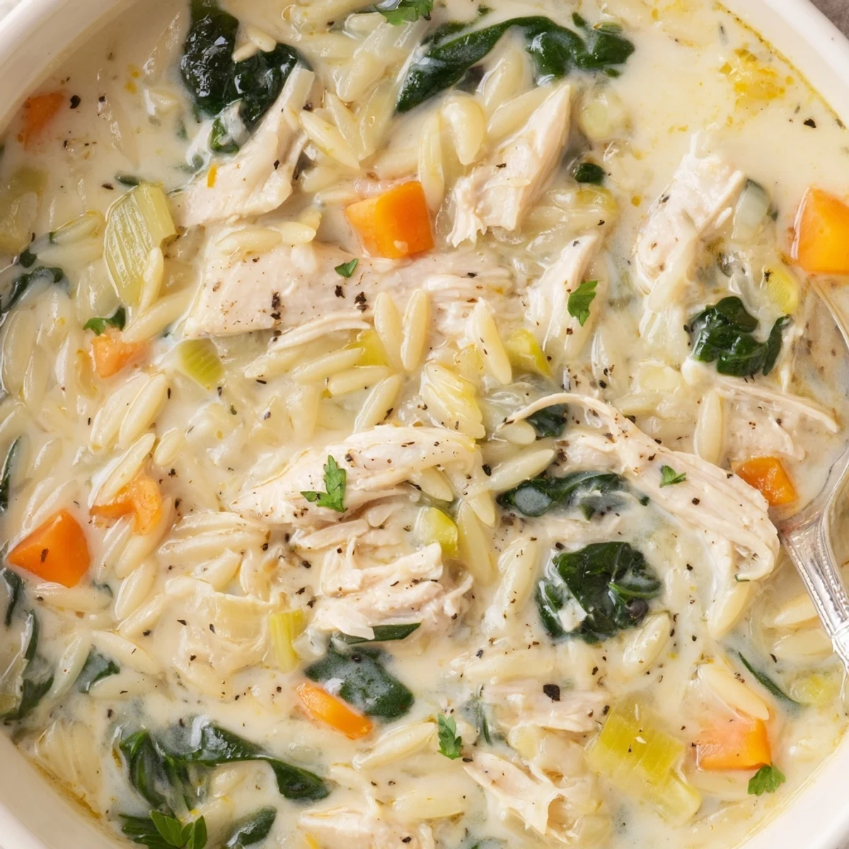 Bowl of Creamy Chicken Florentine Soup With Orzo, silky broth, grated Parmesan