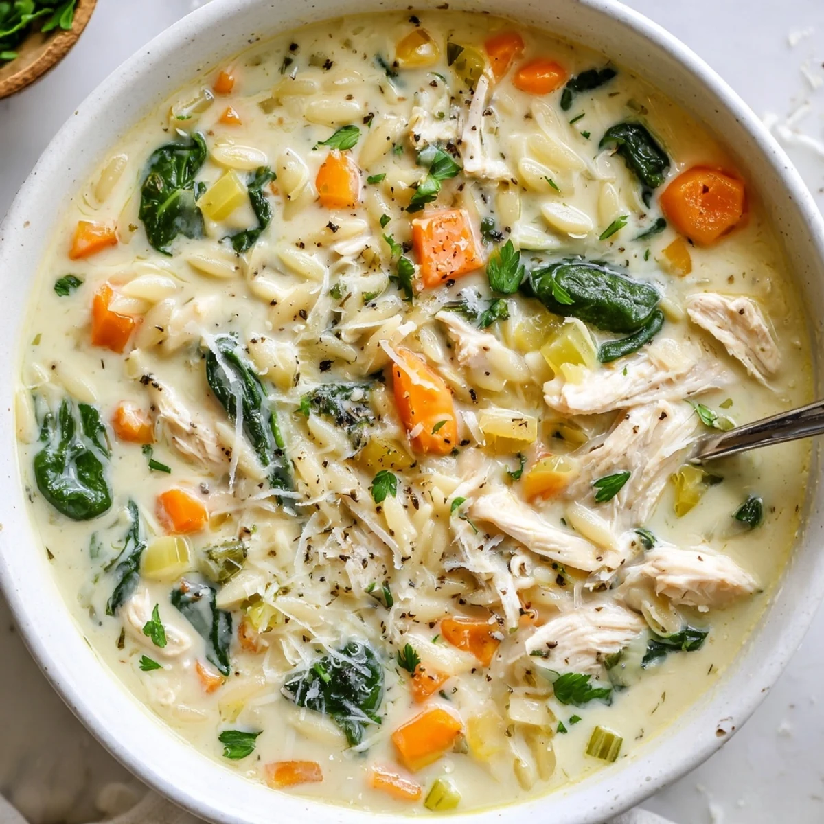 Warm Creamy Chicken Florentine Soup With Orzo ladled over crusty bread, savory aroma