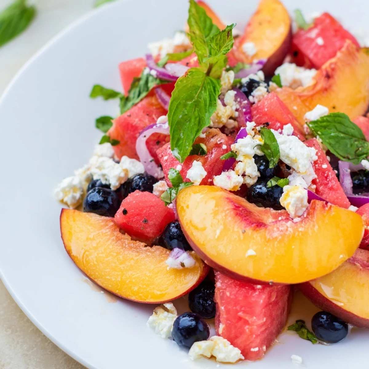 Chilled Peach Watermelon Salad With Feta served on platter, garnished with mint.