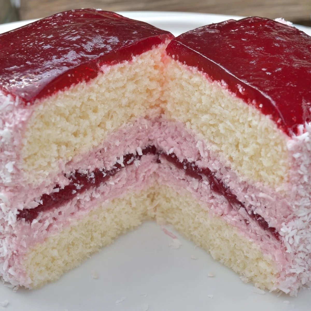 Old Fashioned Pink Jelly Cakes on wire rack, coconut-dusted, raspberry-scented.