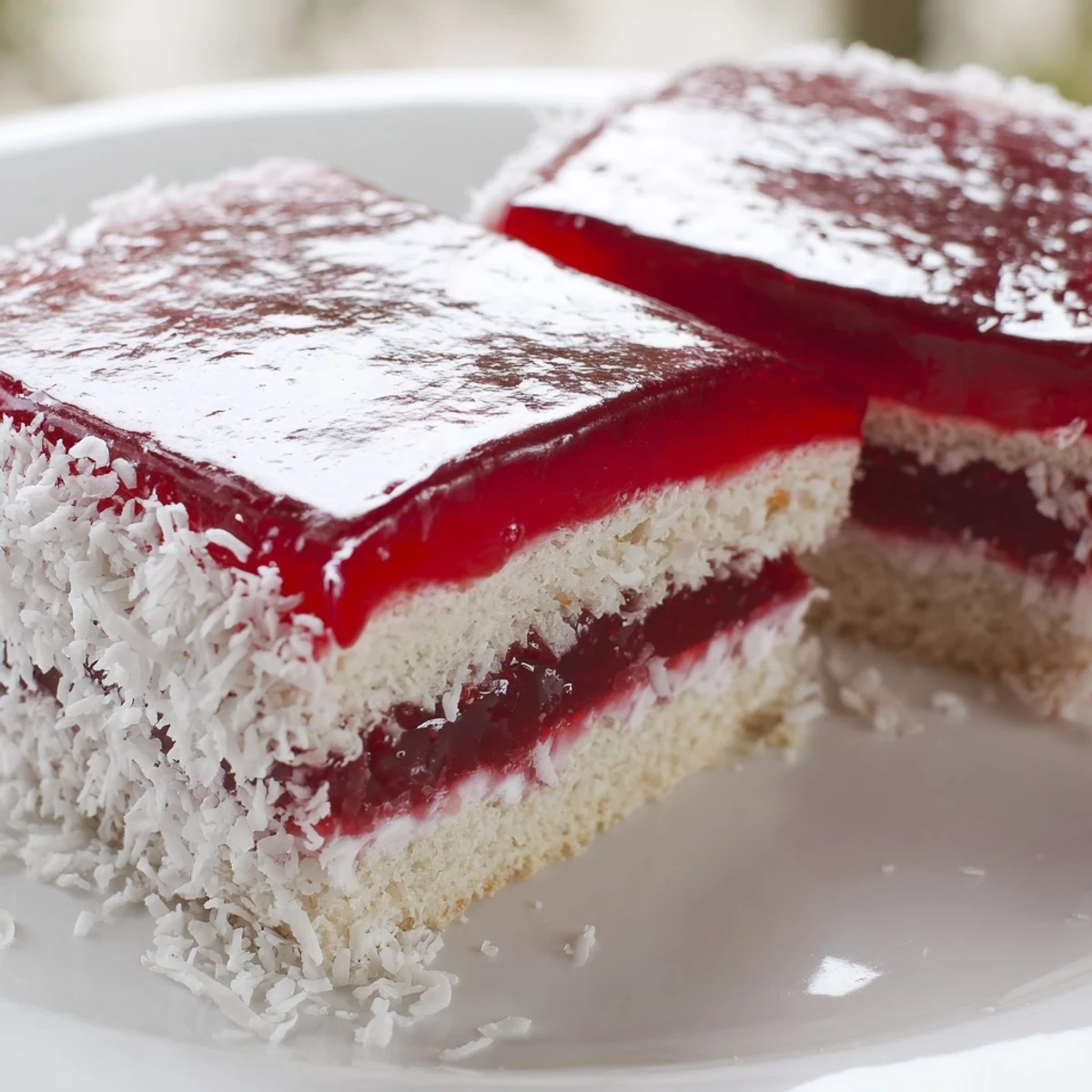 Sliced Old Fashioned Pink Jelly Cakes beside teacup, creamy centers oozing.