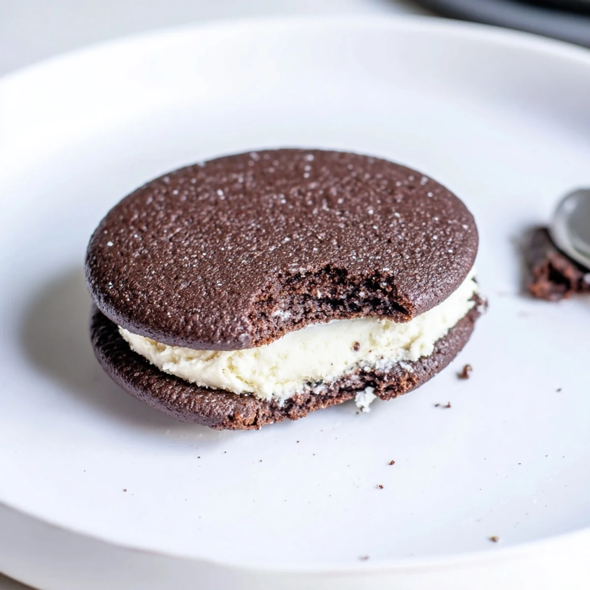 Stack of Homemade Oreo Style Cookies with creamy vanilla filling, ready for dunking