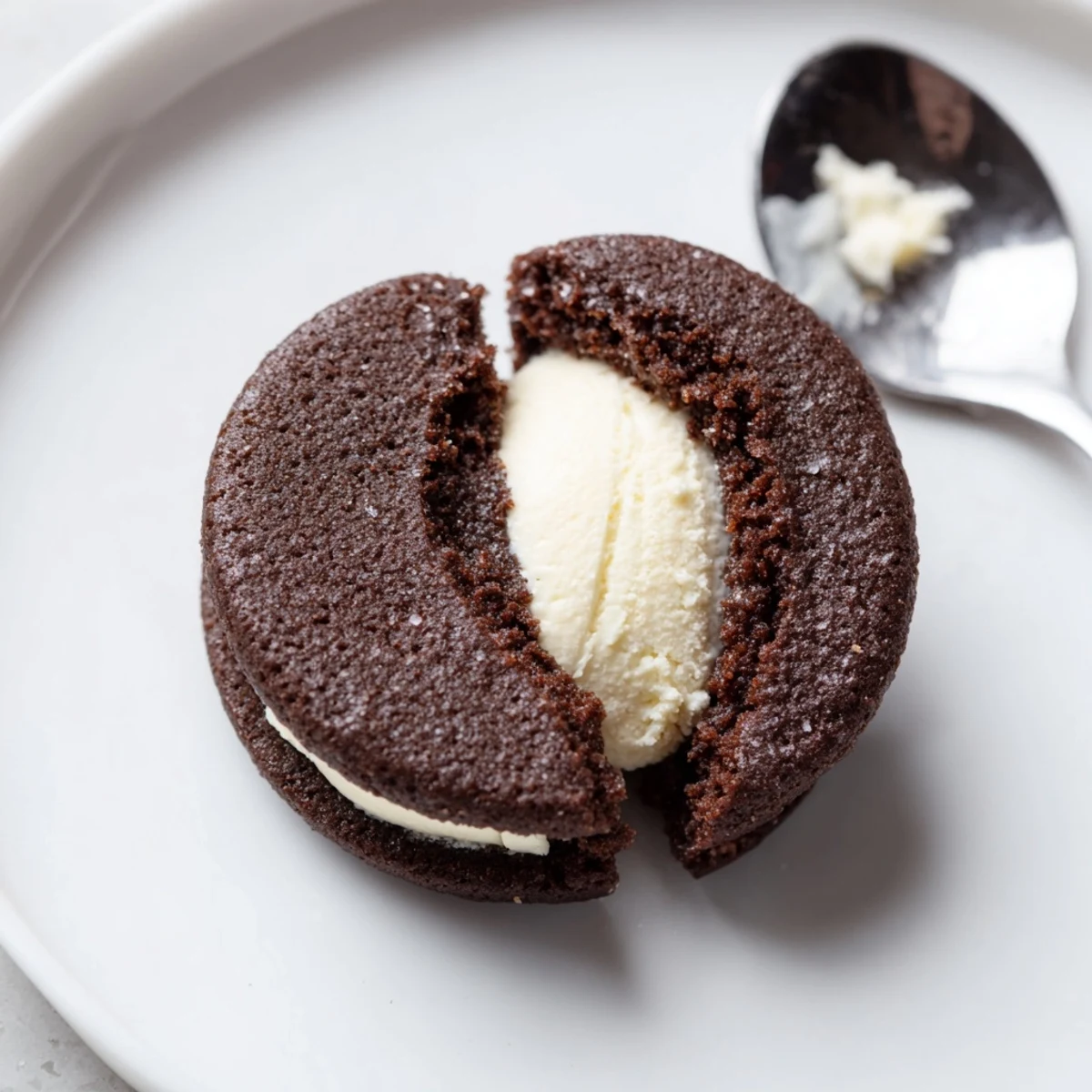 Close-up shows Homemade Oreo Style Cookies sandwiched with fluffy vanilla cream