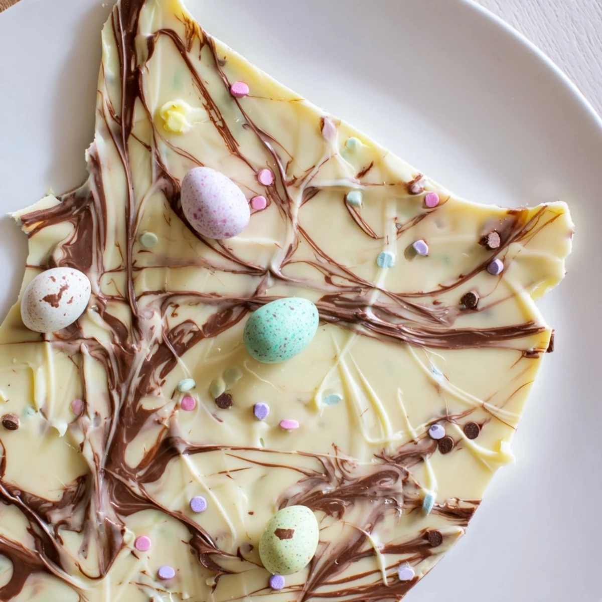 Robin Egg Easter Bark with crunchy candy eggs and pastel sprinkles, ready to serve