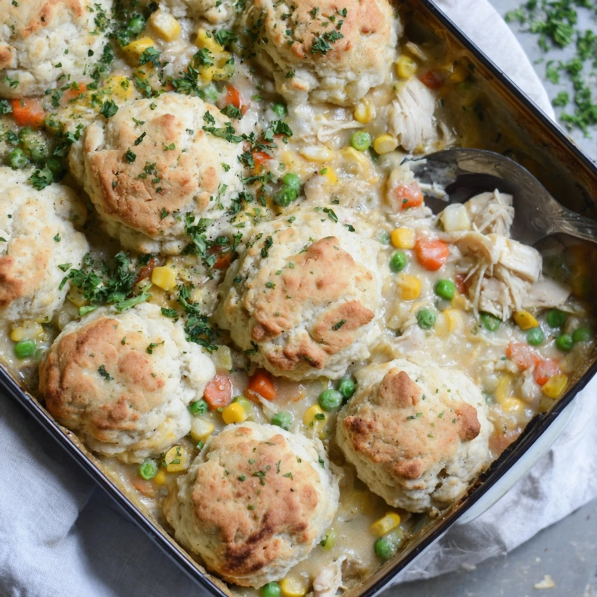 Savory chicken cobbler topped with melted cheddar biscuits served warm from a baking dish