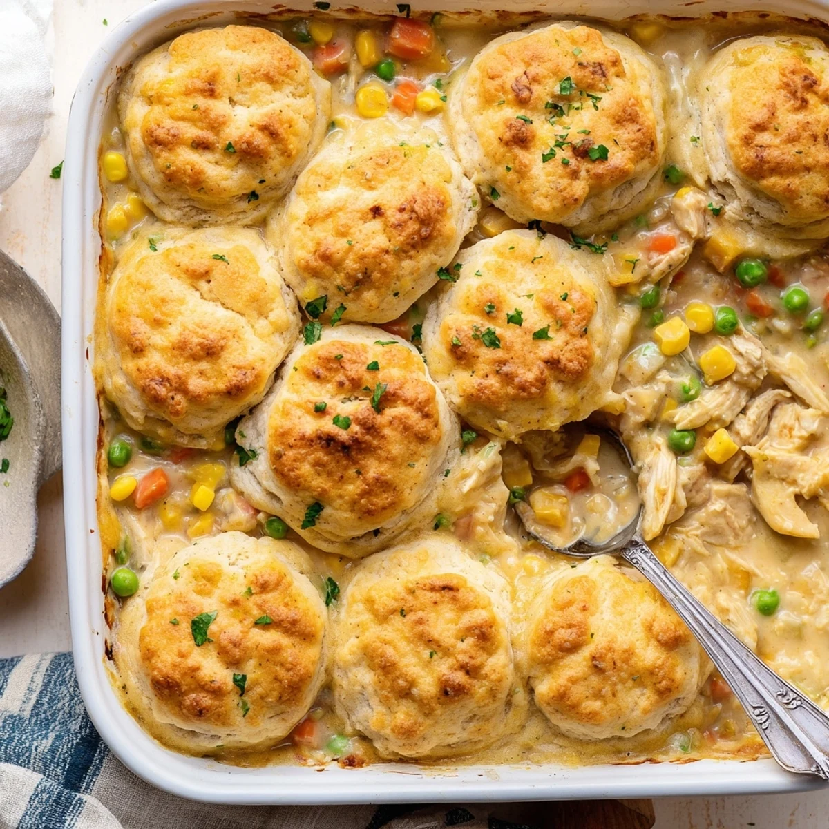 Golden Cheddar Bay chicken cobbler with fluffy herb biscuits bubbling over creamy vegetable filling