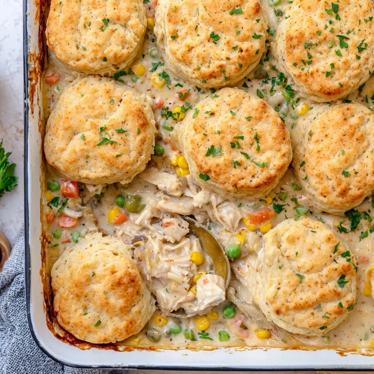 Comfort food casserole featuring tender chicken and vegetables beneath golden garlic cheddar biscuit crust