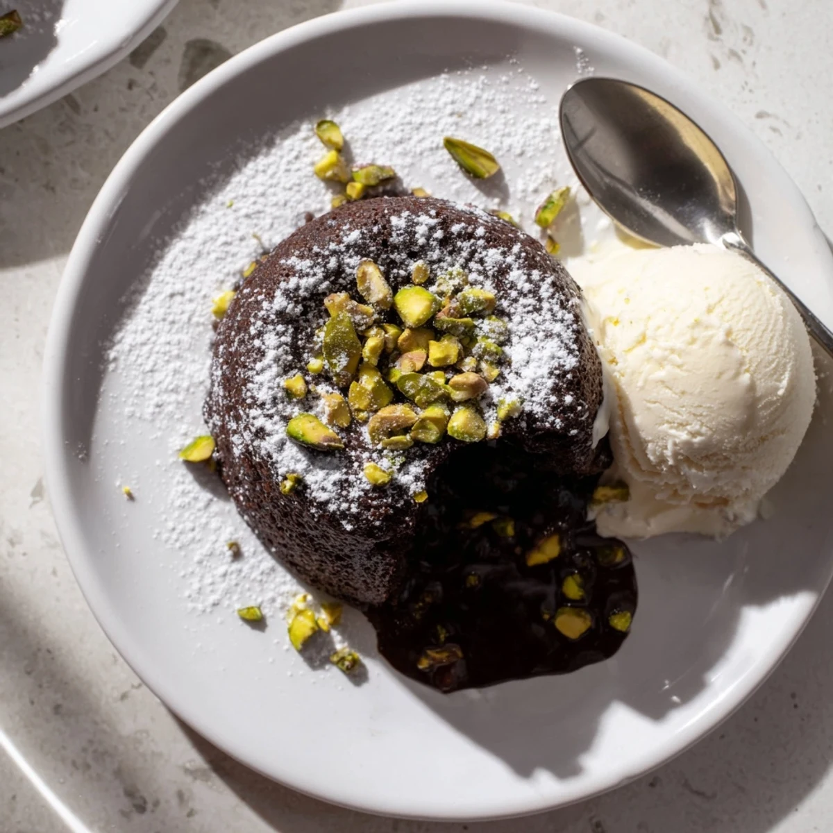 Warm pistachio chocolate lava cakes with molten centers flowing onto white plates