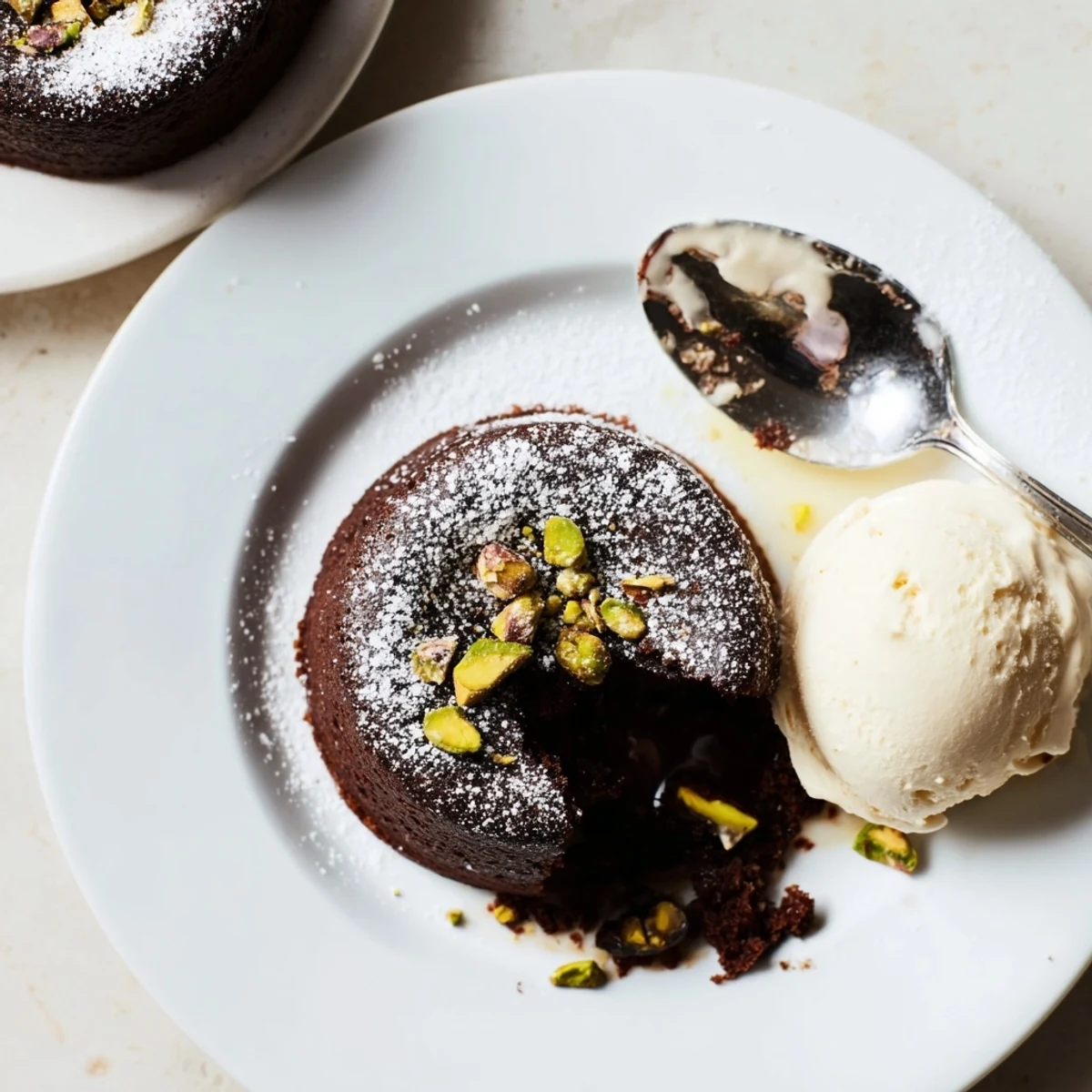Rich chocolate dessert with gooey pistachio-filled middle dusted with powdered sugar