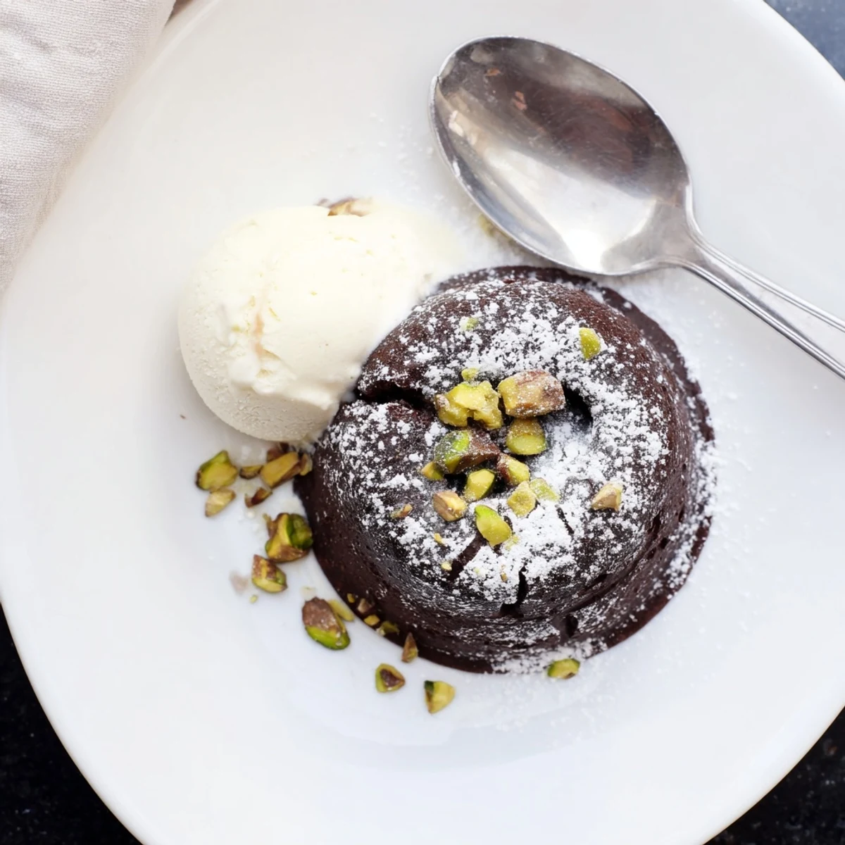 Individual chocolate ramekins topped with chopped pistachios and vanilla ice cream scoop