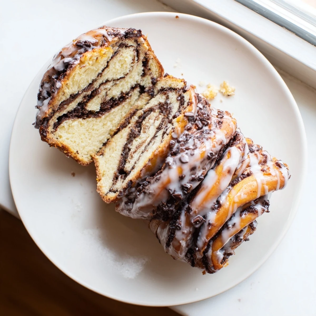Golden loaf of orange glazed chocolate babka swirled with rich dark chocolate filling
