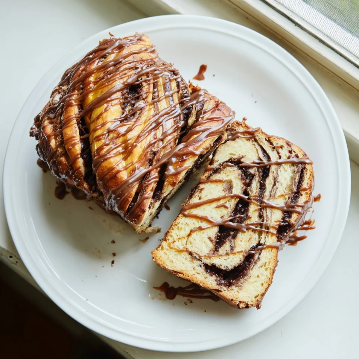 Twisted chocolate babka slices revealing tender brioche layers and aromatic orange infused frosting