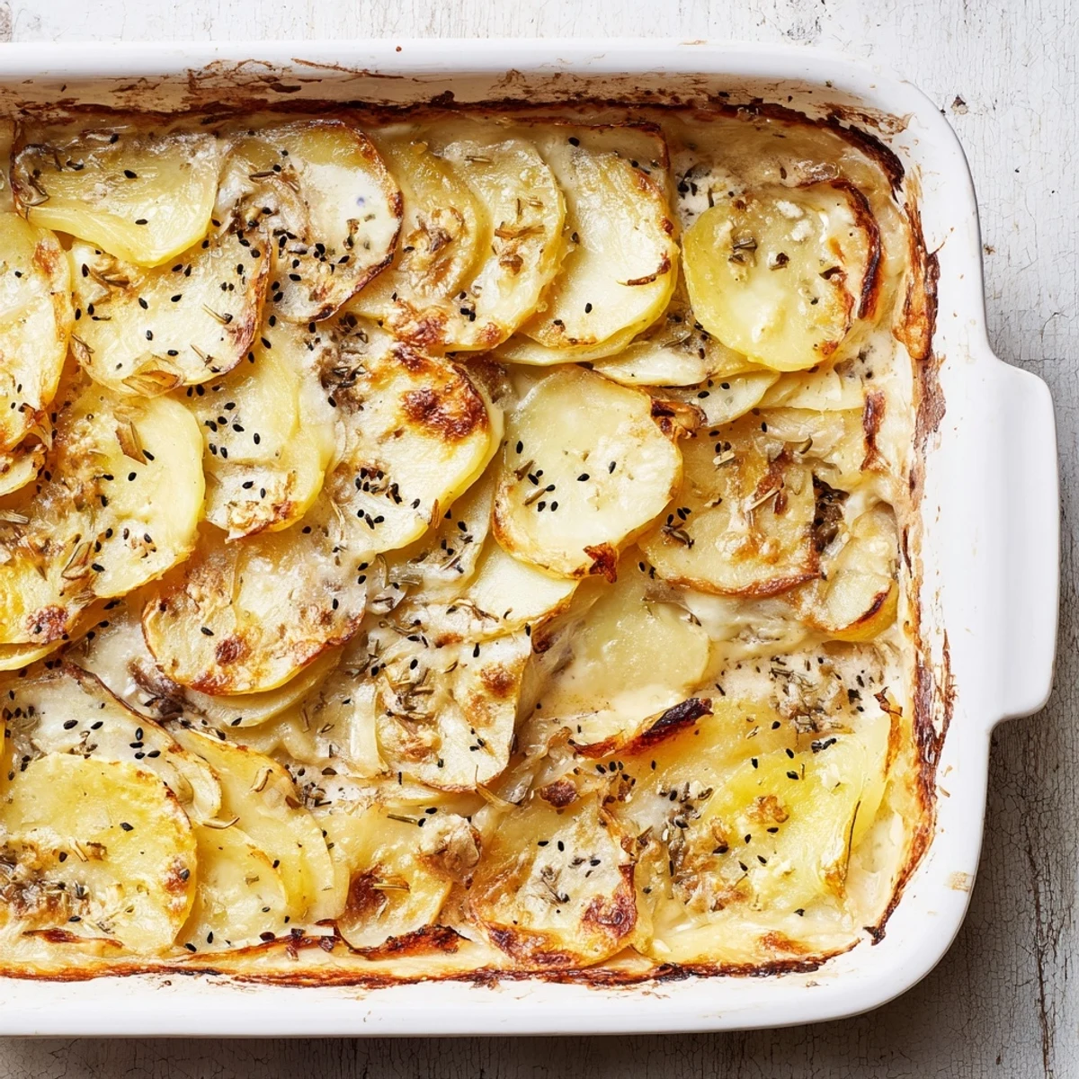 Golden brown Nigella potato gratin with bubbling Gruyère cheese and aromatic nigella seeds
