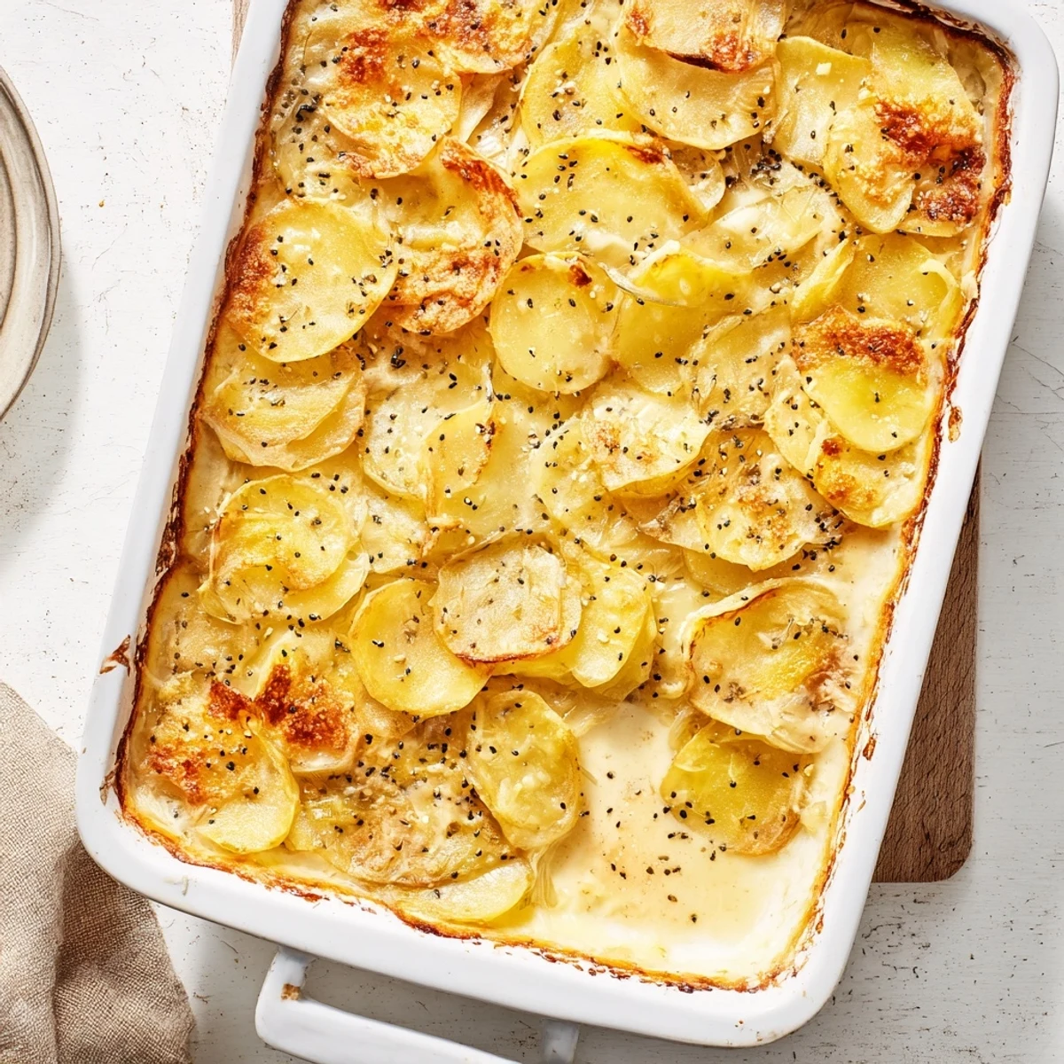 Creamy potato gratin layers baked to perfection with nigella seeds and melted cheese topping