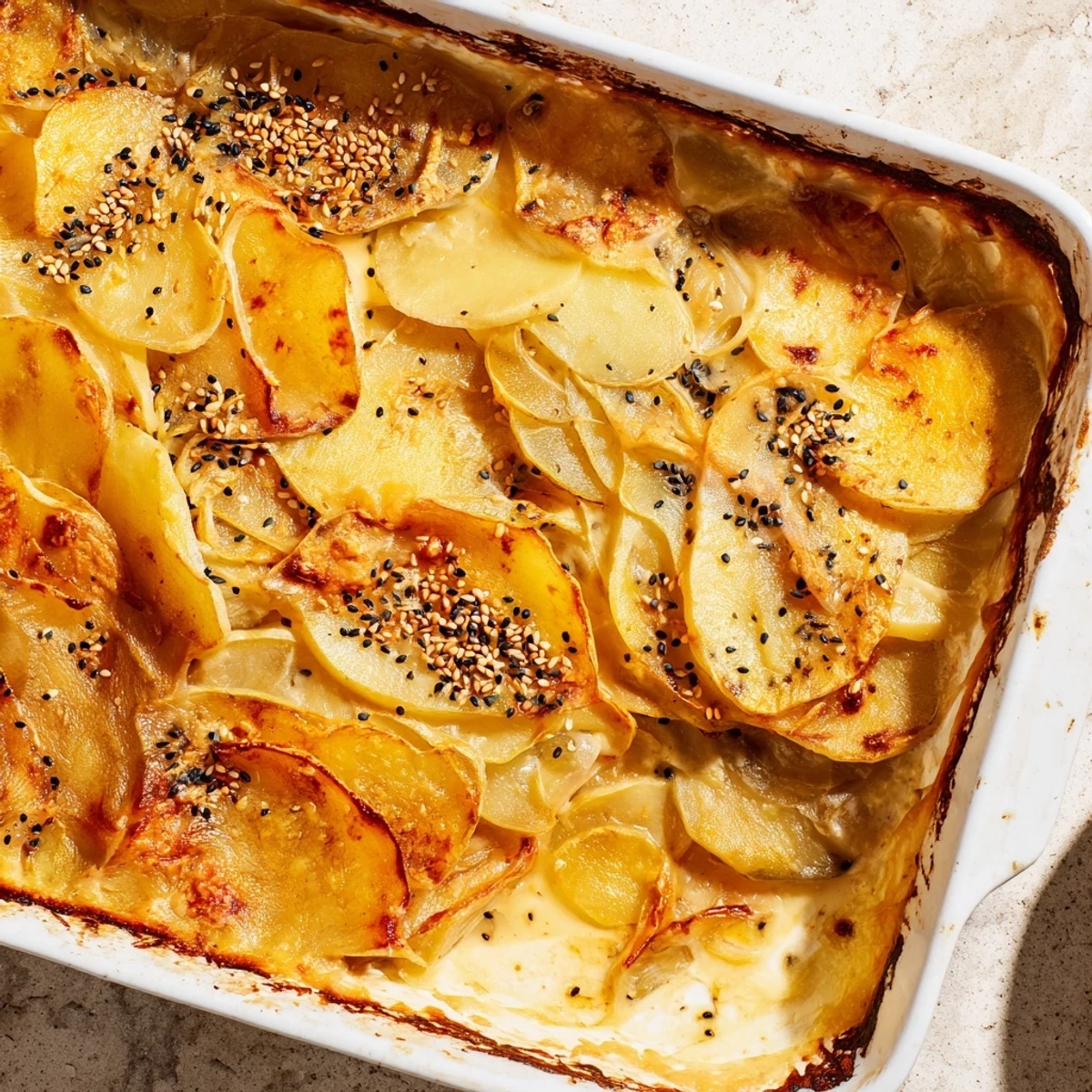 Savory Nigella potato gratin in a baking dish featuring golden crust and speckled seeds