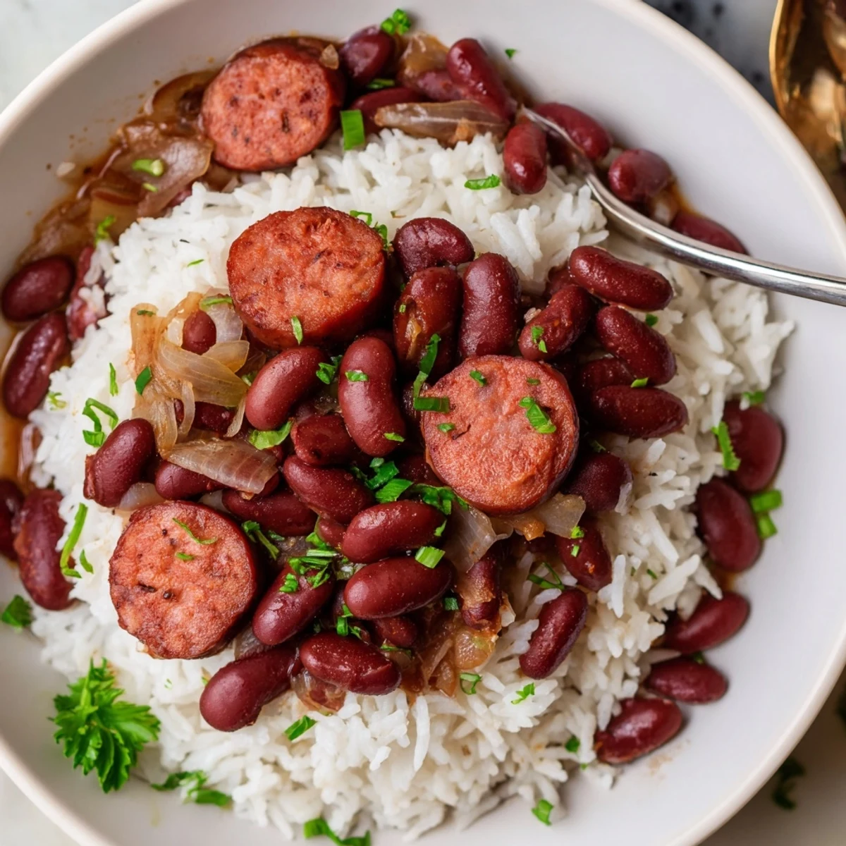 Red Beans and Rice steaming in a bowl, smoky sausage and parsley  