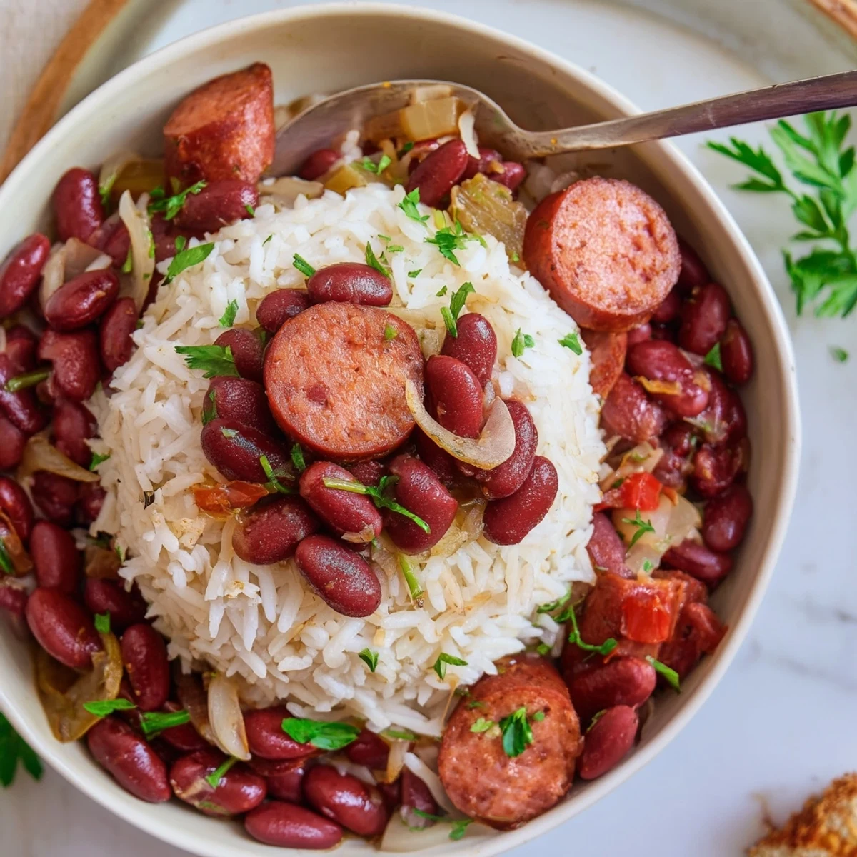 Slow-simmered Red Beans and Rice with browned Andouille, garlic aroma, parsley garnish