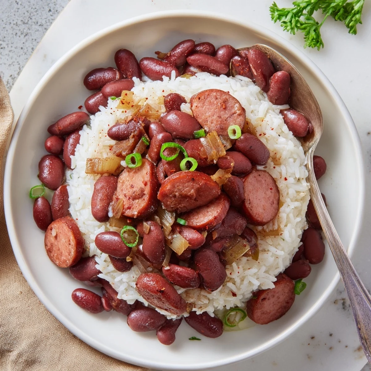 Creamy Red Beans and Rice spooned over a bed of fluffy rice  