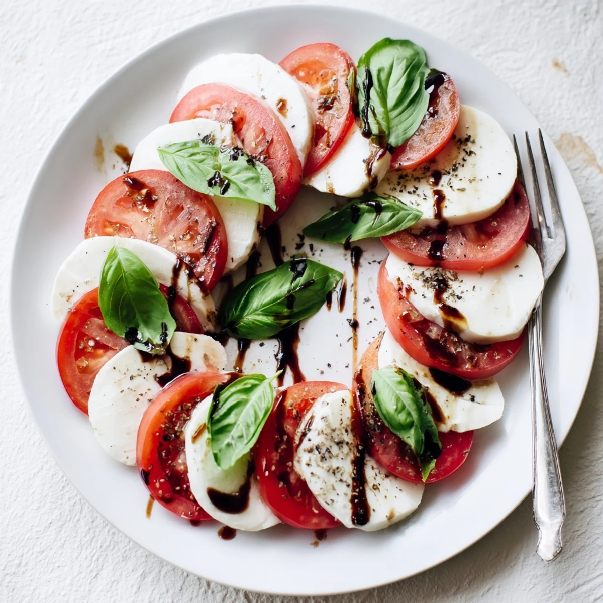Classic Caprese Salad with layered ripe tomatoes, creamy mozzarella, fragrant basil served room-temperature